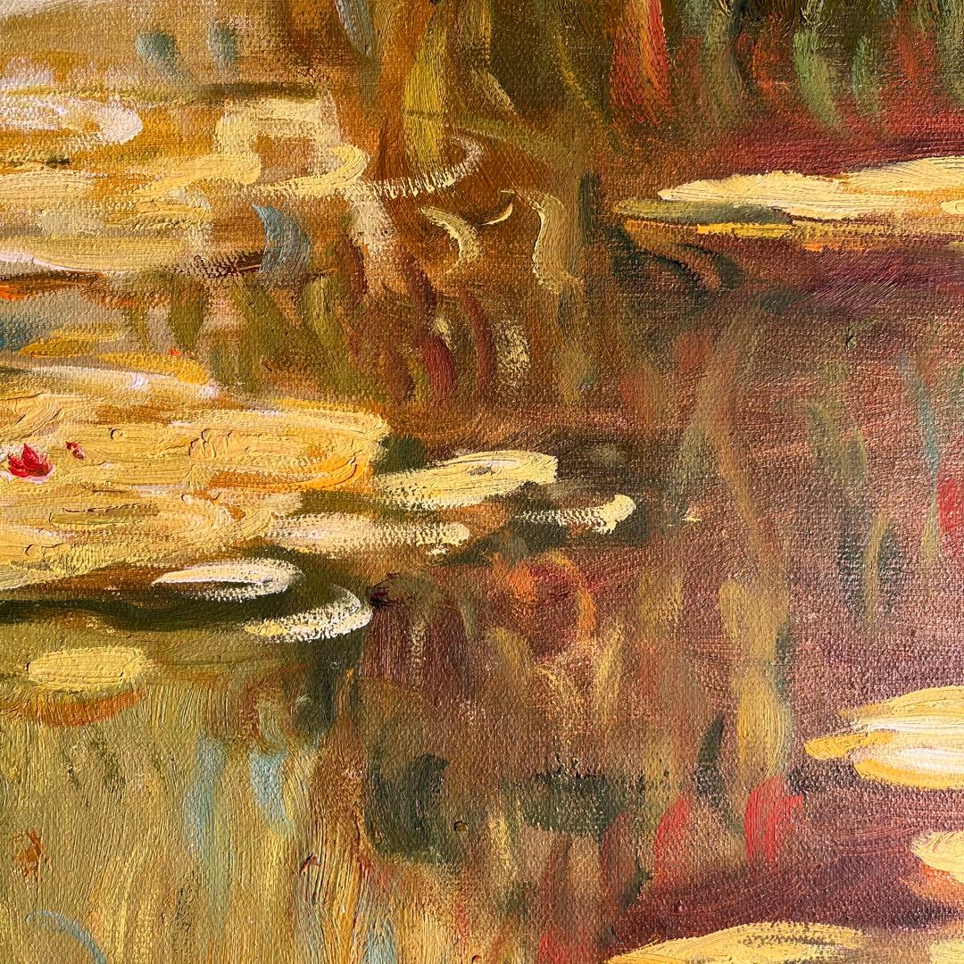 ★秀作★（大）手書き油絵 クロード・モネ 睡蓮 黄金色 額付 肉筆絵画 油彩画