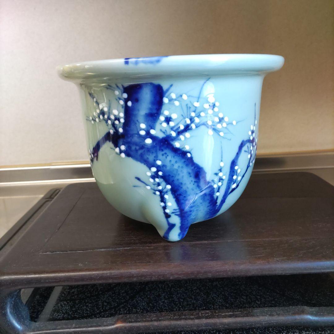 盆栽鉢、尾張焼、 瀬戸焼 、青磁、 染付 梅図 3本足、 蘭鉢 、植木鉢 、大型