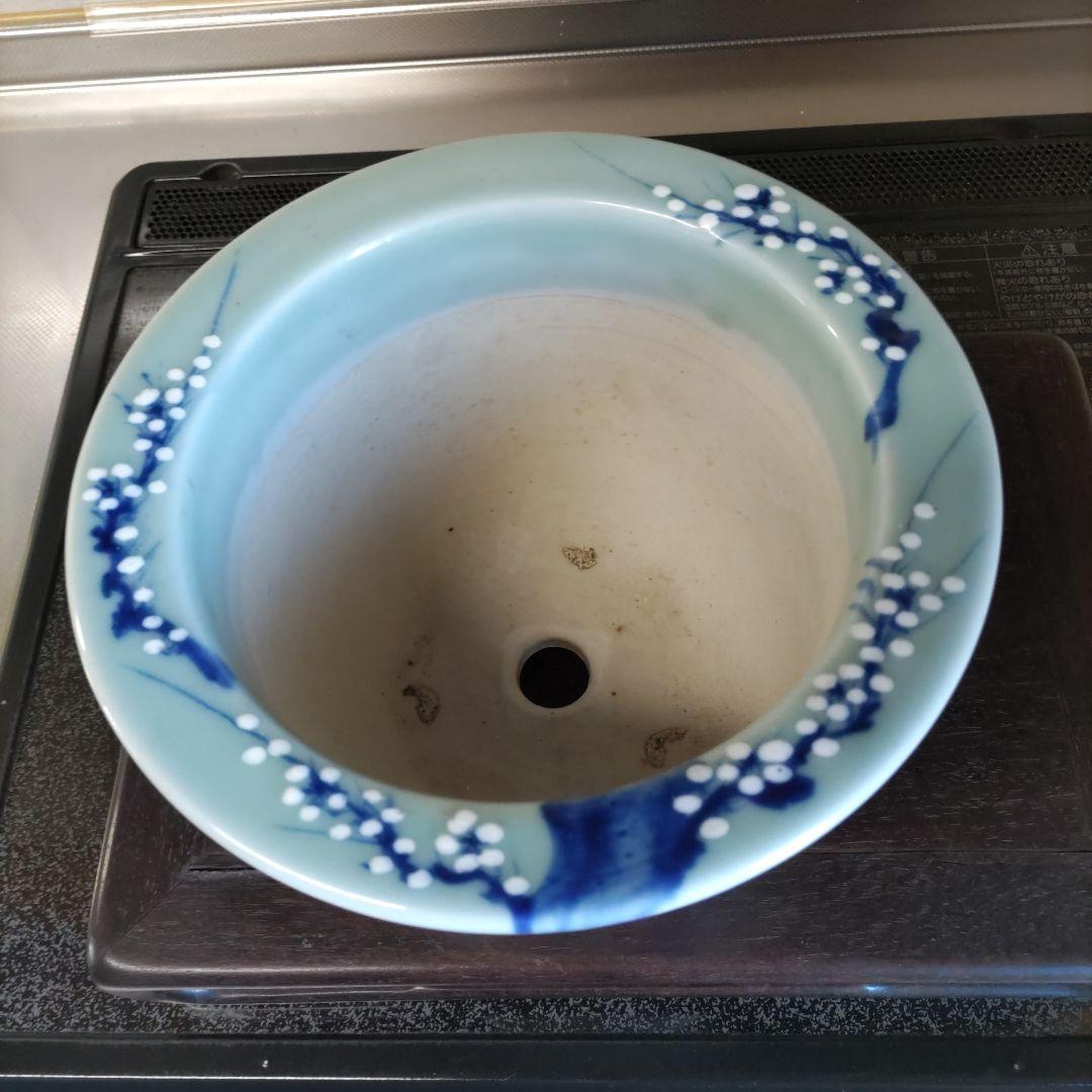 盆栽鉢、尾張焼、 瀬戸焼 、青磁、 染付 梅図 3本足、 蘭鉢 、植木鉢 、大型