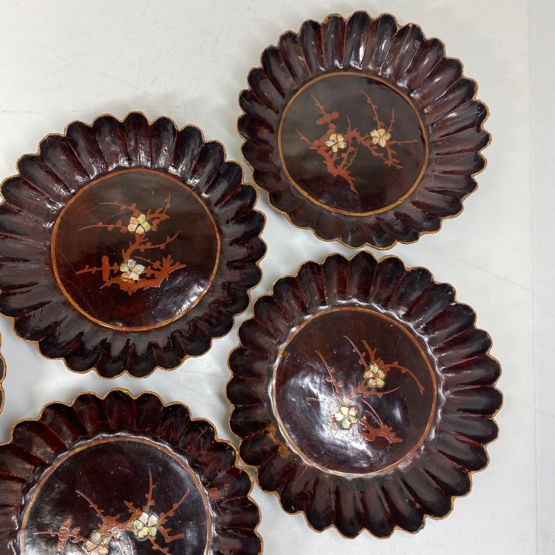 唐物　木製　螺鈿　菊割皿5客　幅約13.2㎝　トトウ　東さ7-1124☆2F