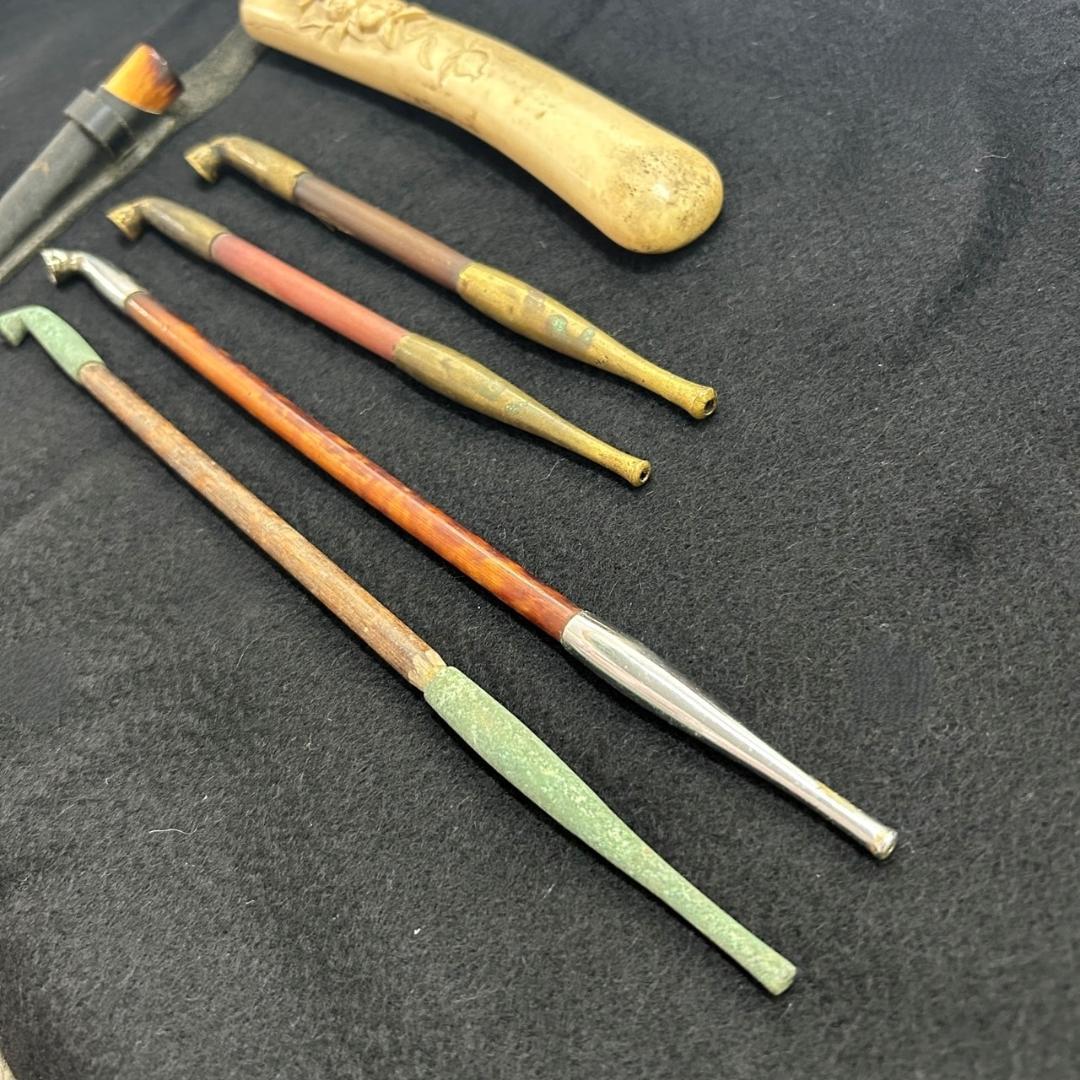 アンティーク 煙管 キセルセット 骨彫刻 革ケース 真鍮製 レトロ 喫煙具
