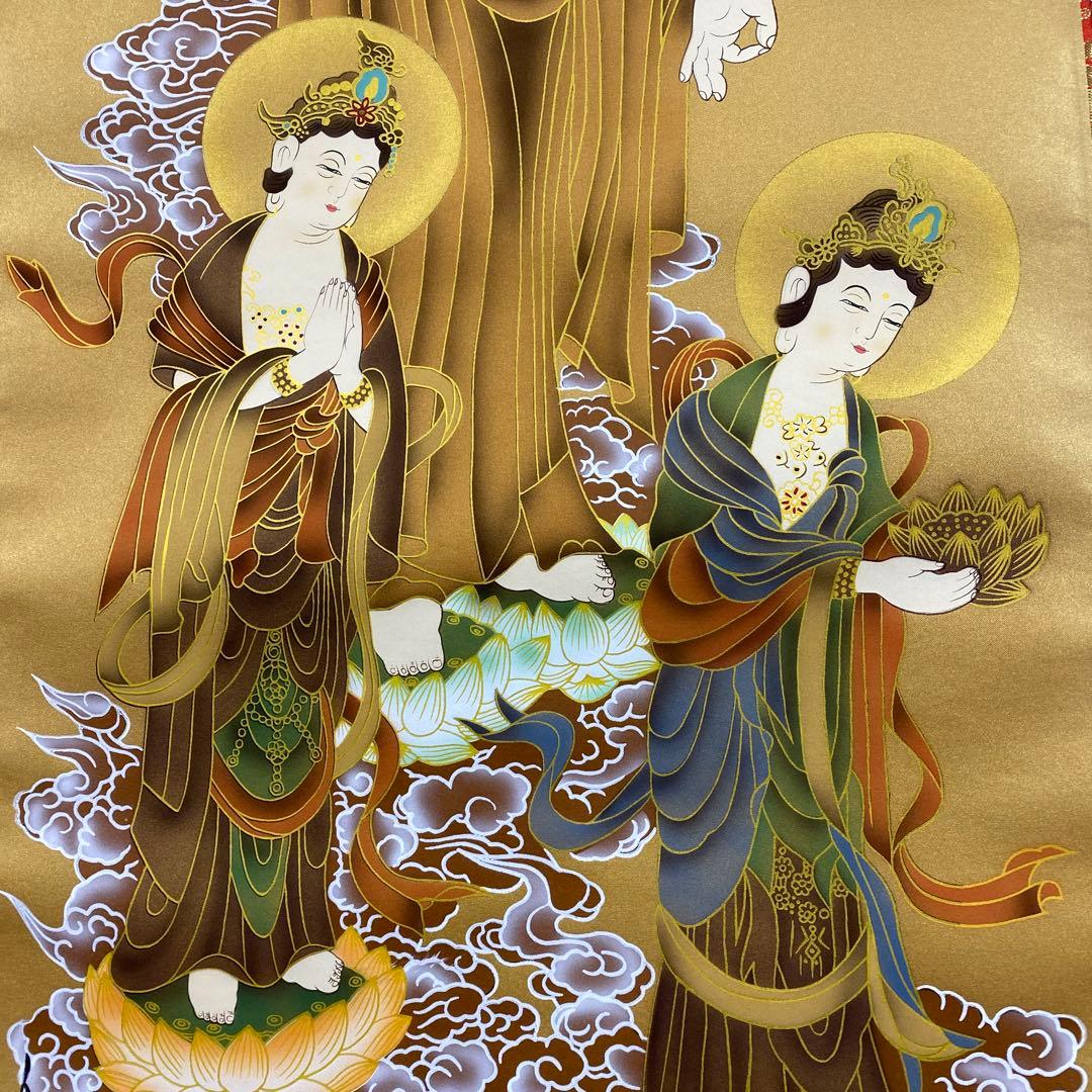 美品 掛け軸 高橋如水作 金地 阿弥陀三尊仏 共箱 仏画 年中掛け 仏教美術