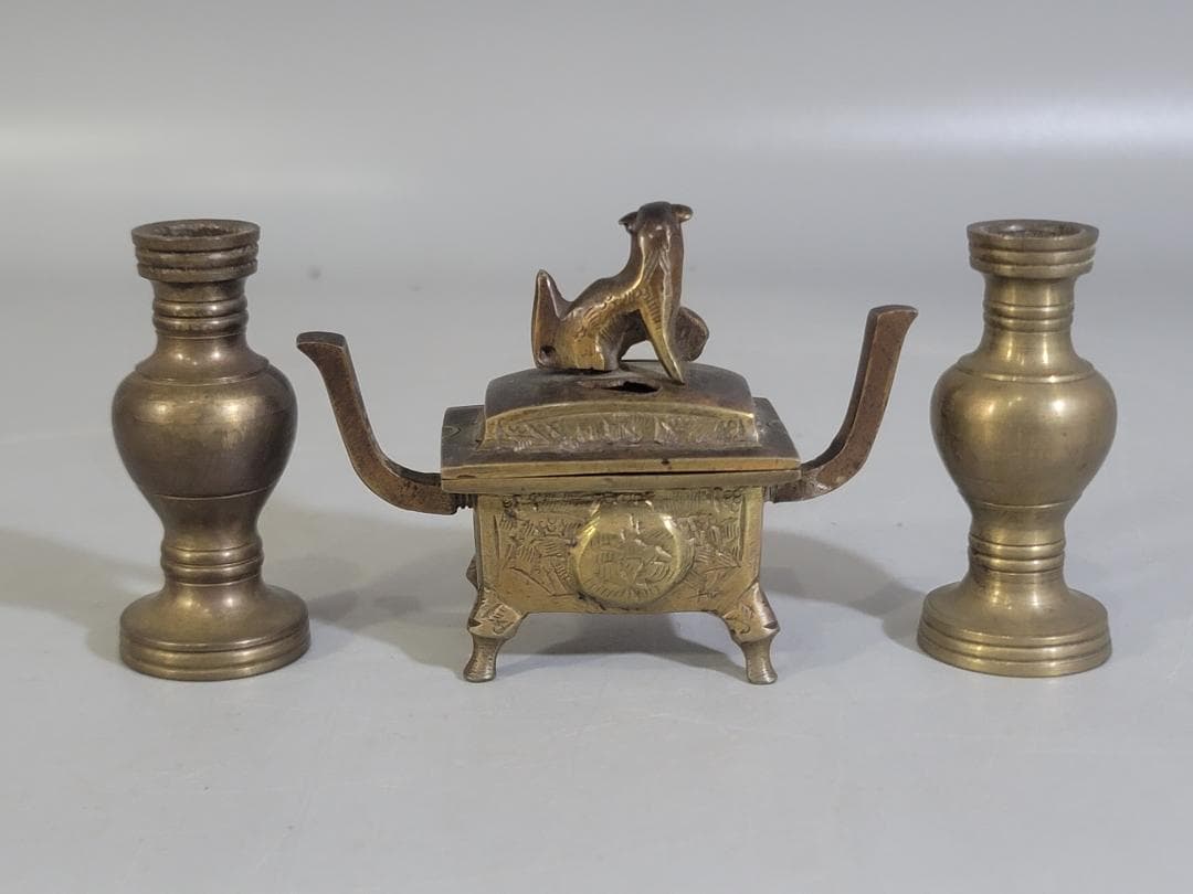 古銅 豆 香炉 花器一対 Ａ845