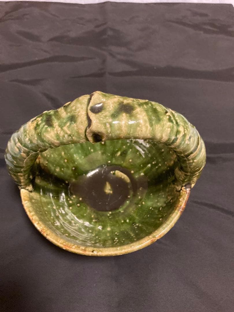 名工 橋口信弘 織部 手付籠 笠間焼 手鉢 煮物鉢 菓子器 現代陶芸 未使用
