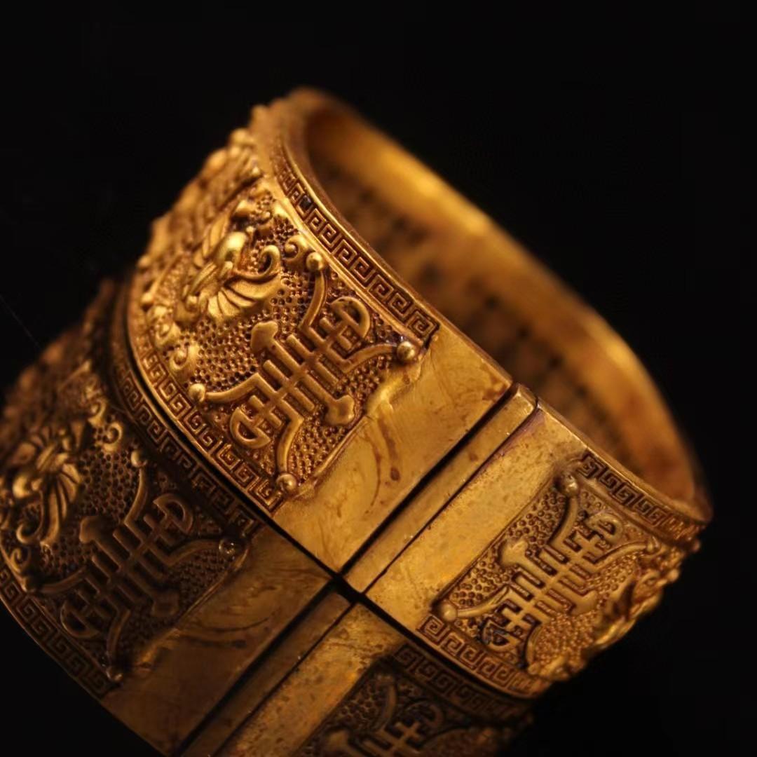 中国古美術・純銅鎏金ブレスレット・純手作り・細密彫・鏨刻鎏金・純銅製・高浮彫