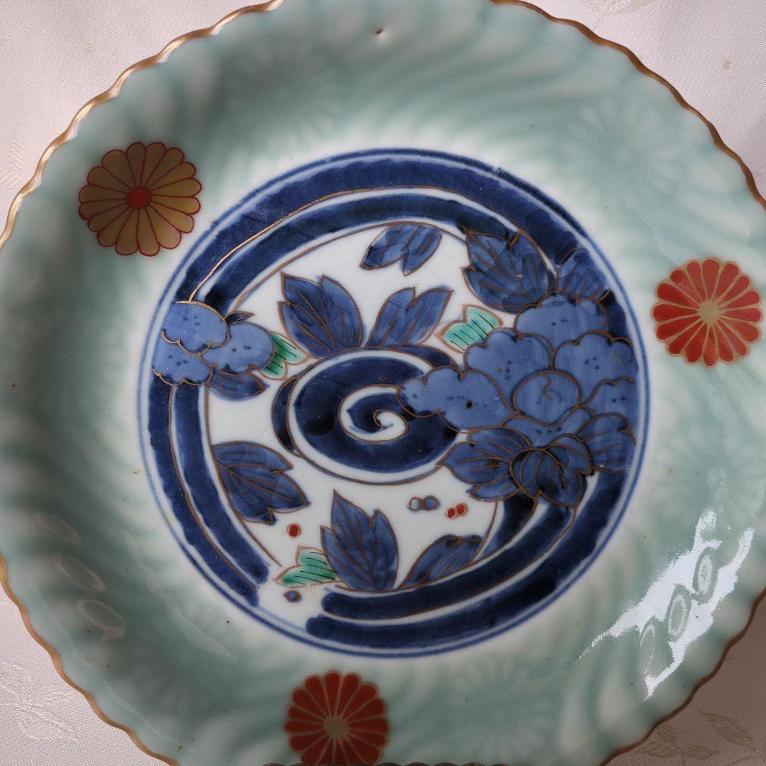 古伊万里 七寸皿 ① 色絵 青磁 菊文様 江戸期