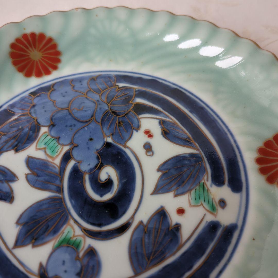 古伊万里 七寸皿 ① 色絵 青磁 菊文様 江戸期