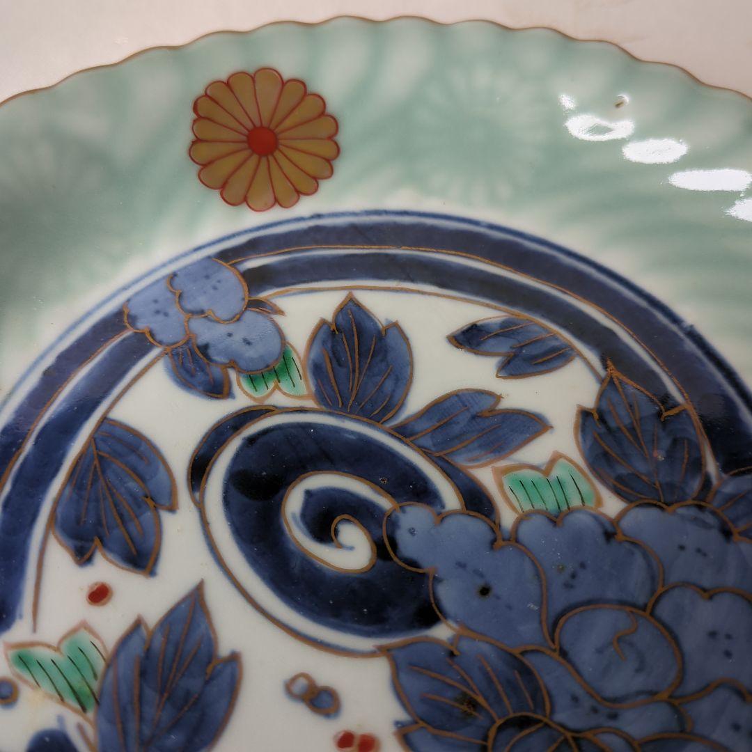 古伊万里 七寸皿 ① 色絵 青磁 菊文様 江戸期