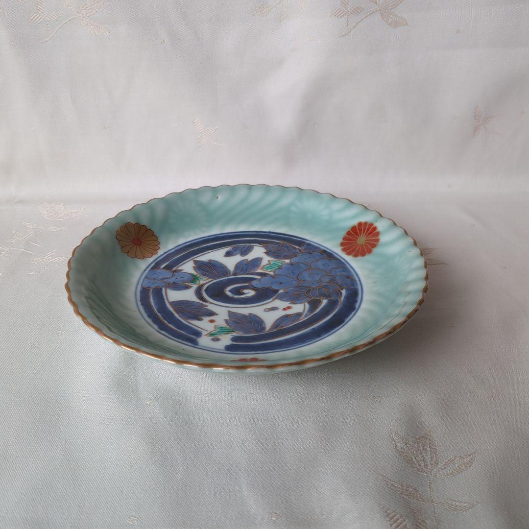 古伊万里 七寸皿 ① 色絵 青磁 菊文様 江戸期