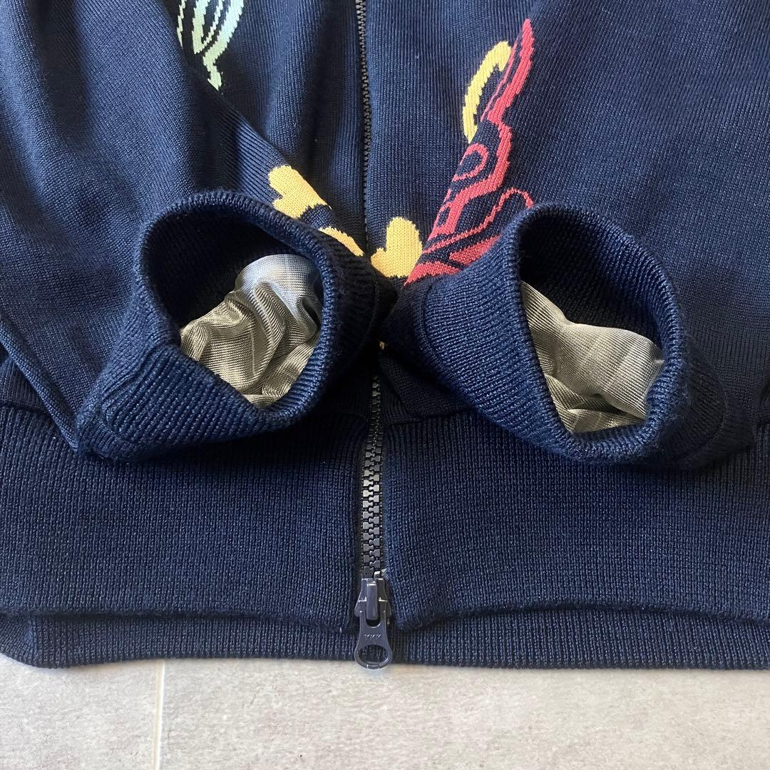 吉田サイコバニー 刺繍 ニットブルゾン ネイビー ジップアップ 蓄熱 L