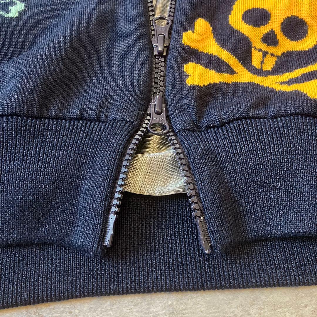 吉田サイコバニー 刺繍 ニットブルゾン ネイビー ジップアップ 蓄熱 L