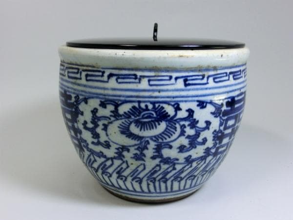 水指■青華花唐草紋 漆器蓋 唐物 染付 古玩 茶器 みずさし 古いお茶道具 骨董