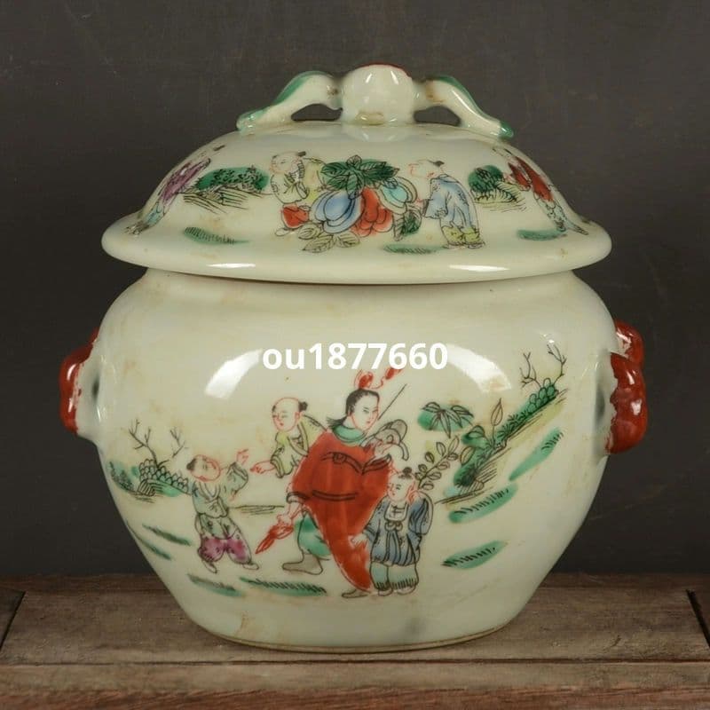 景徳鎮 童子戯れ人物蓋缶 陶磁器 装飾品 現代工芸品 美術品 置物