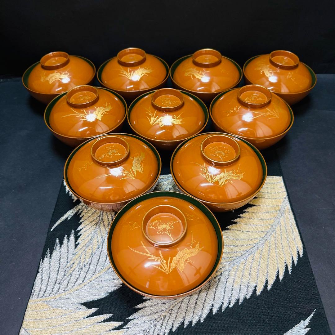 漆器　輪島塗　蒔絵金彩細工　沈金木製　蓋付椀　お煮物椀　吸物椀　10客　骨董品