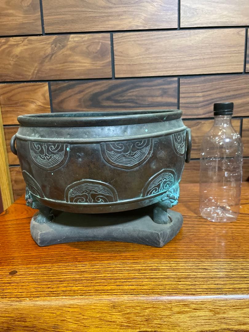 古銅　火鉢　獣三つ足　木台付き　骨董