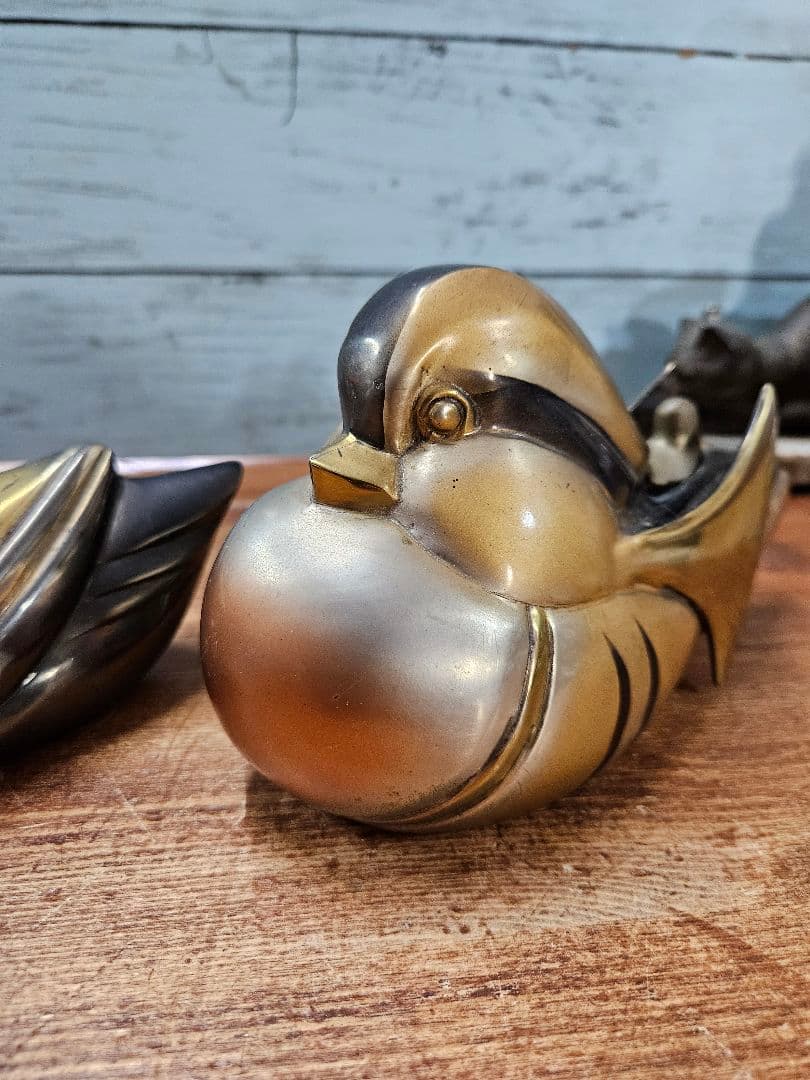 アンティーク 鴛鴦の置物 在銘 銅 鍍金銀 金工 おしどり 一対 香炉 旧家蔵出