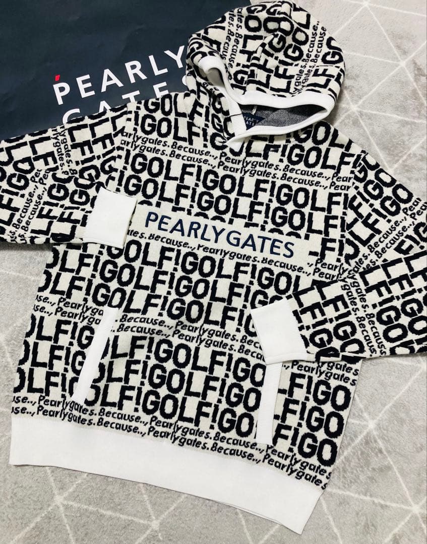 新品 パーリーゲイツ GOLF柄ジャガード ニット フーディ(4)サイズM/白