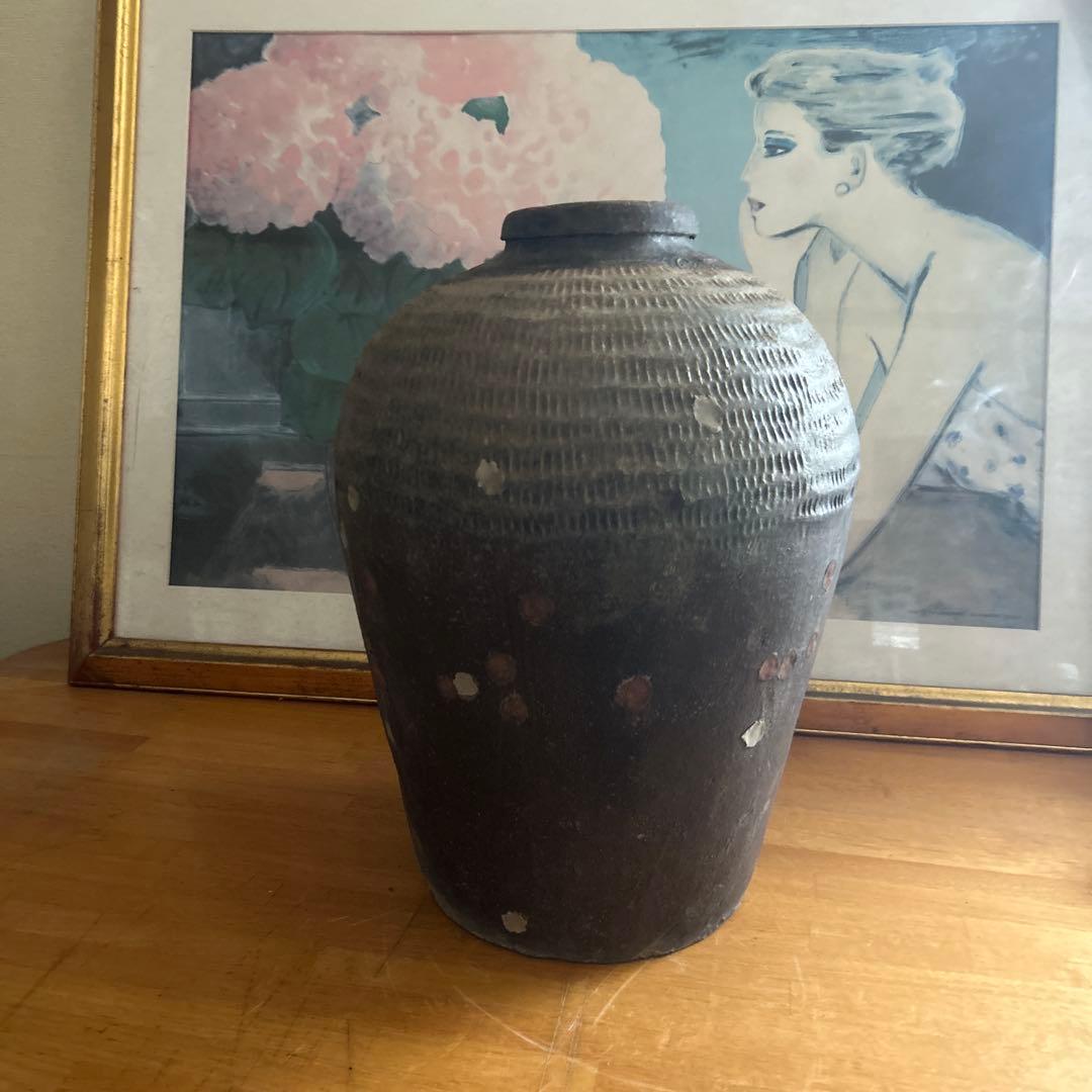 神楽焼　大壺　骨董品　ブロンズ色陶器の大きめの壺
