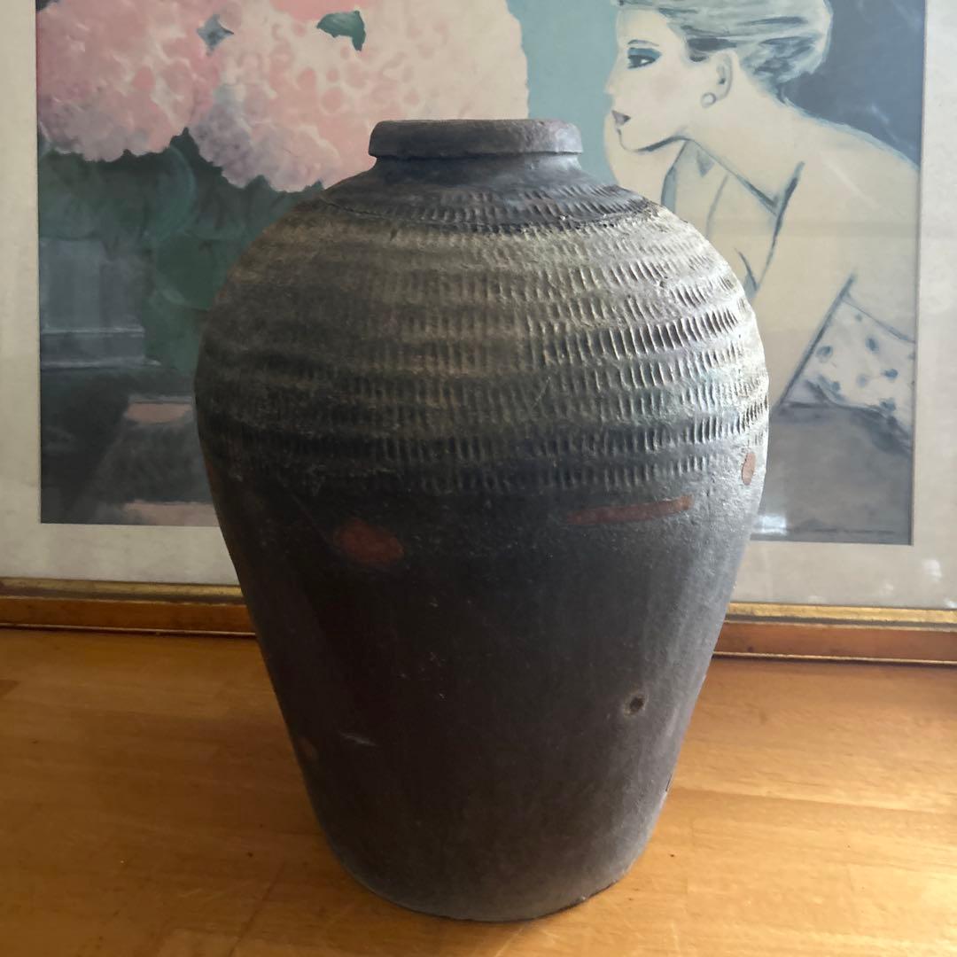 神楽焼　大壺　骨董品　ブロンズ色陶器の大きめの壺