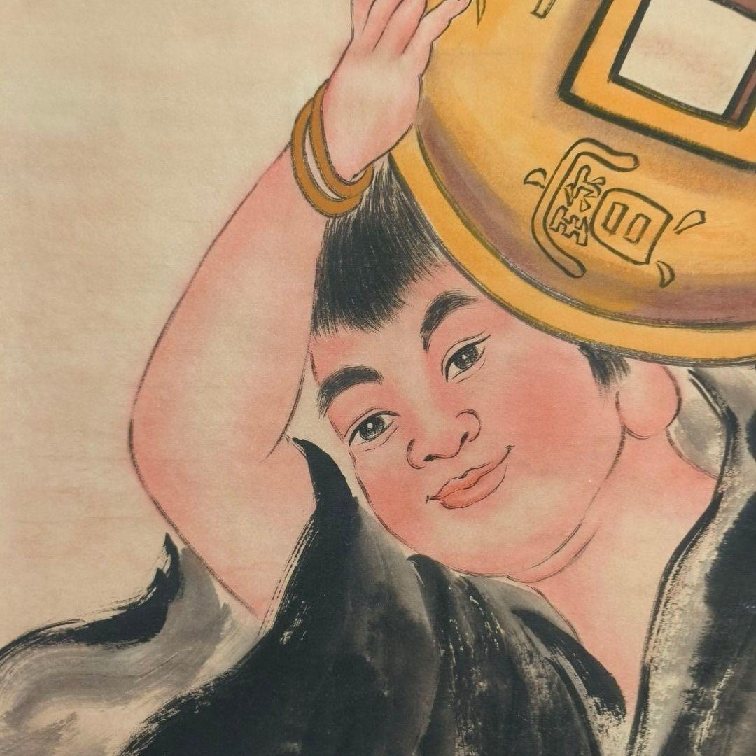 【掛軸 張大千風】劉海戯金蟾図 中堂掛軸 宣紙 装裱済み 168×70cm