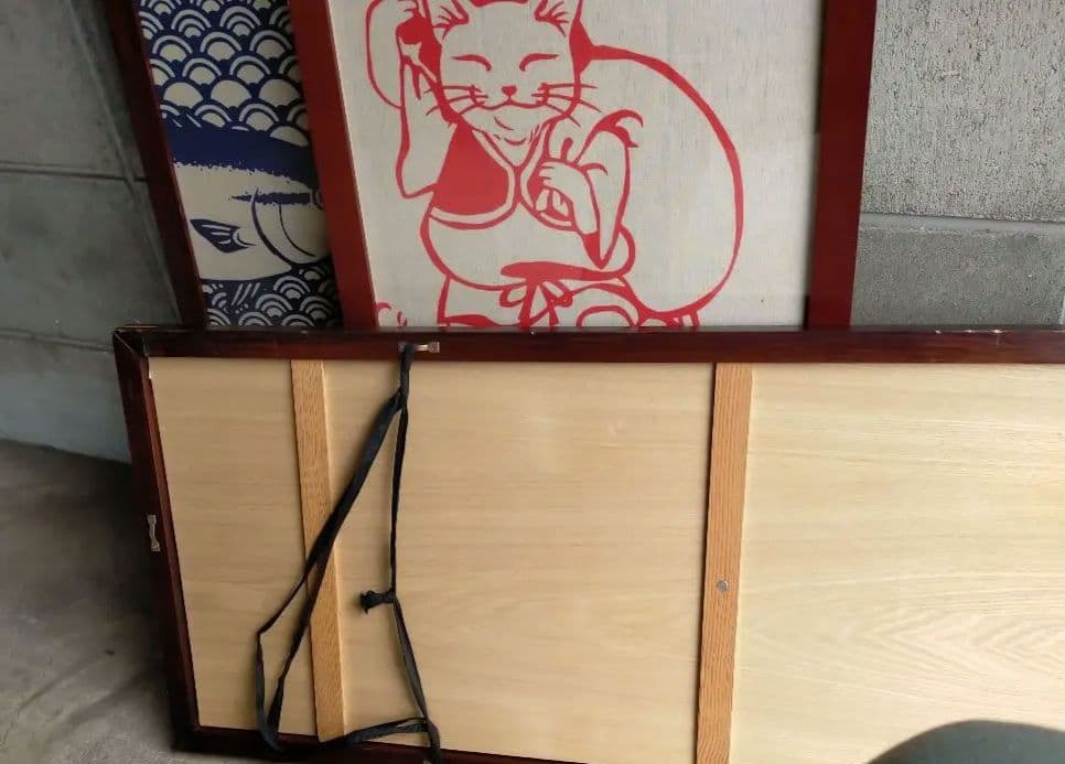 昭和レトロ　招き猫 猫と魚のデザインのアートパネル 3点セット