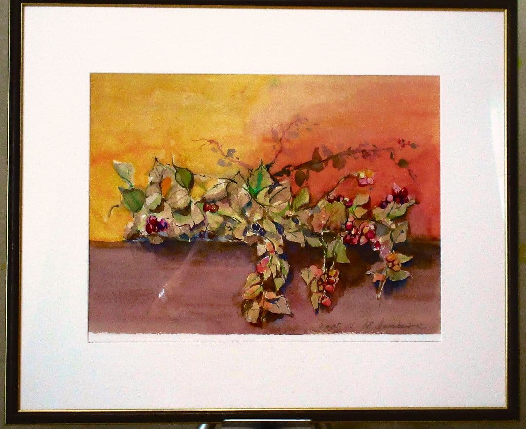 カラス瓜の水彩画 額装済み 原画 F6サイズ