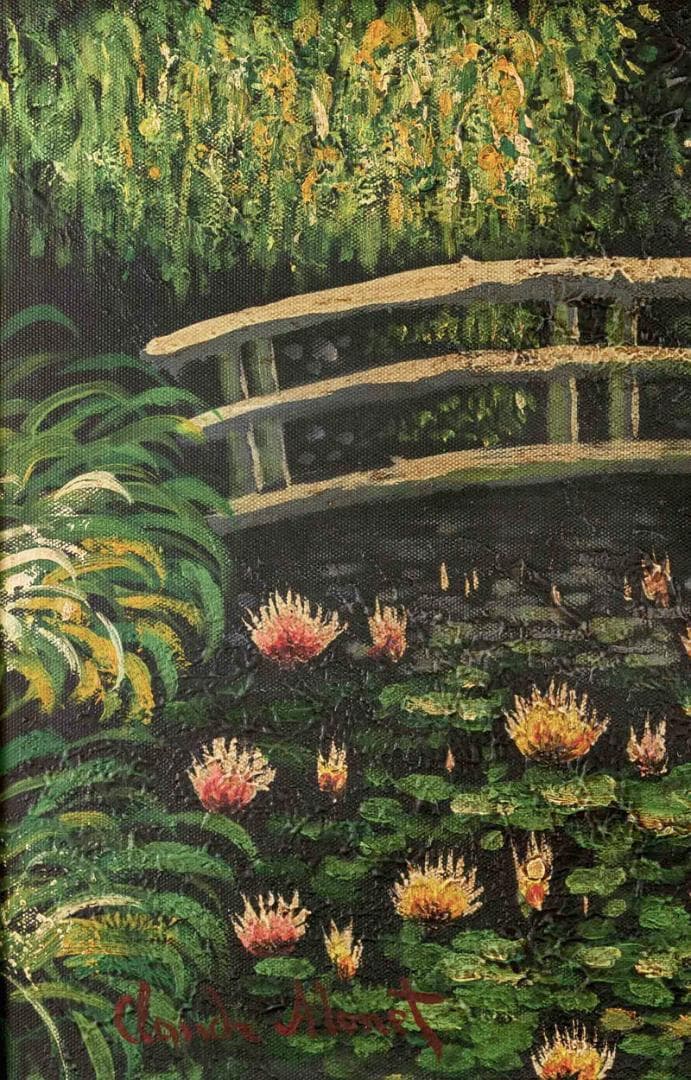 クロード・モネ　油彩　肉筆『睡蓮と日本橋』サイン　画廊シール　F6　額　b644