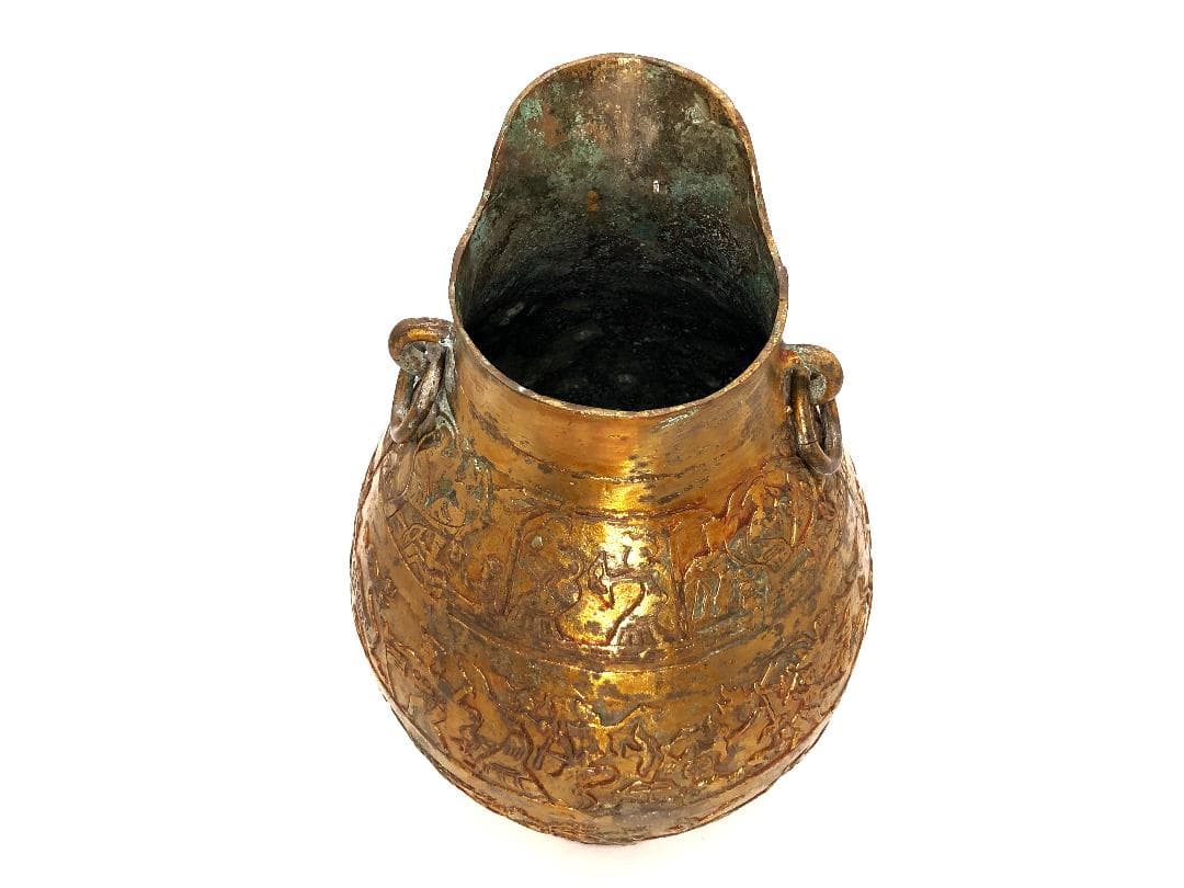 【 中国古代金銅製狩猟戰図文花器 】　惣型鋳造　戦国時代（東周朝）～後代