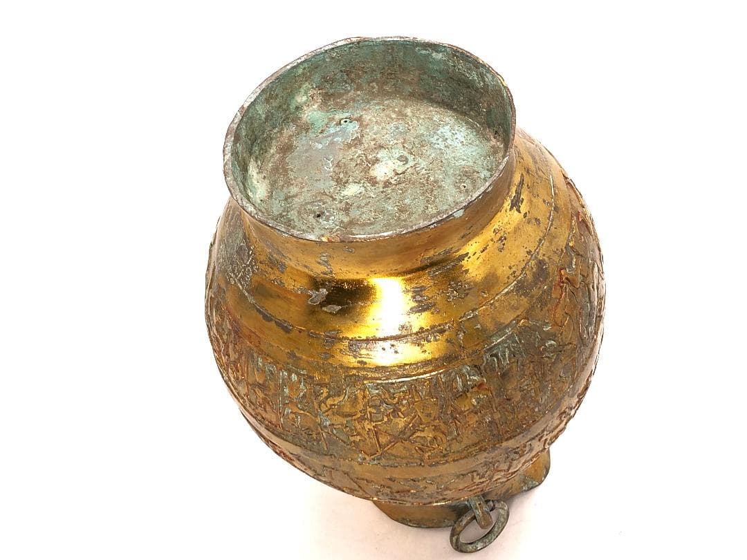 【 中国古代金銅製狩猟戰図文花器 】　惣型鋳造　戦国時代（東周朝）～後代