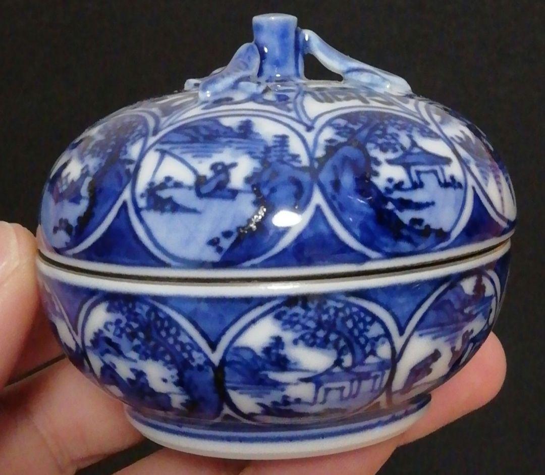 叶松谷作　染付　祥端　蜜柑形　香合　共箱　共布　略歴付　茶道具