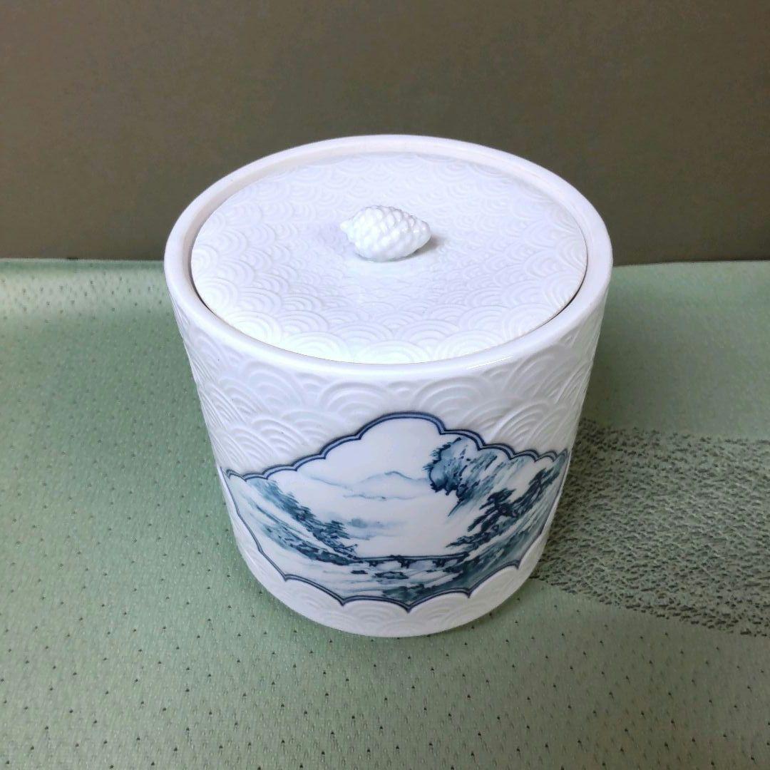 （824）✿特価★有田焼★金武自然作★青海波彫山水画水差【木箱入】破魔オマケ付
