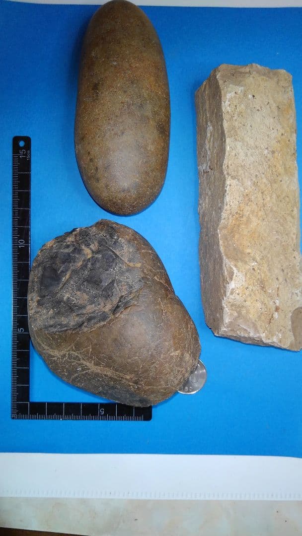 磨石(すりいし)セット　(出土品)　磨石(すりいし)2、礫器(れっき)？