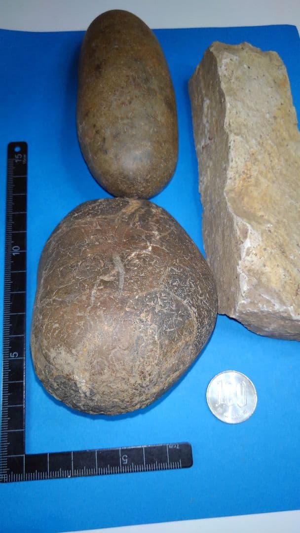 磨石(すりいし)セット　(出土品)　磨石(すりいし)2、礫器(れっき)？