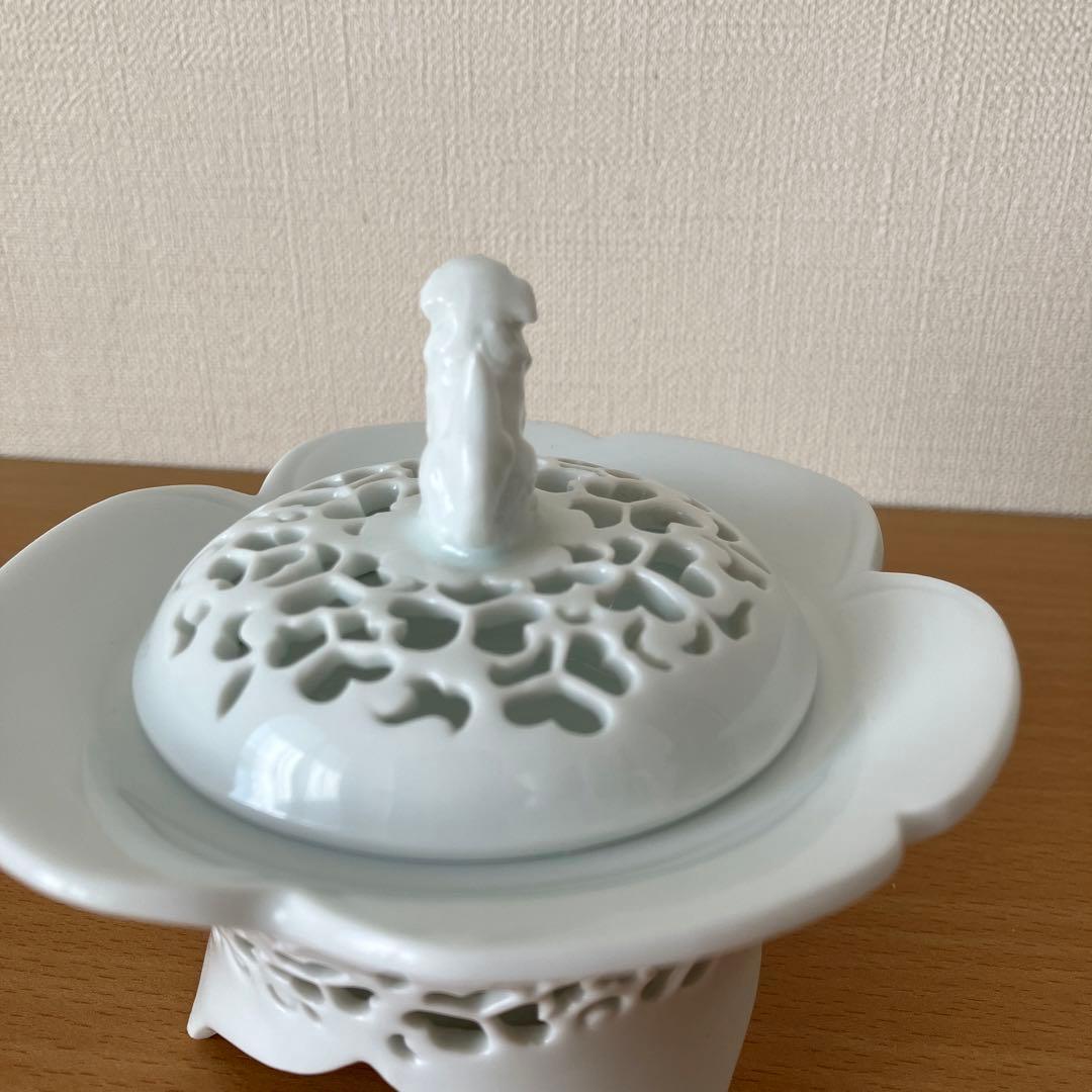 【未使用】 杉原一壷作 白磁 香炉 唐草透 三つ足 香道具