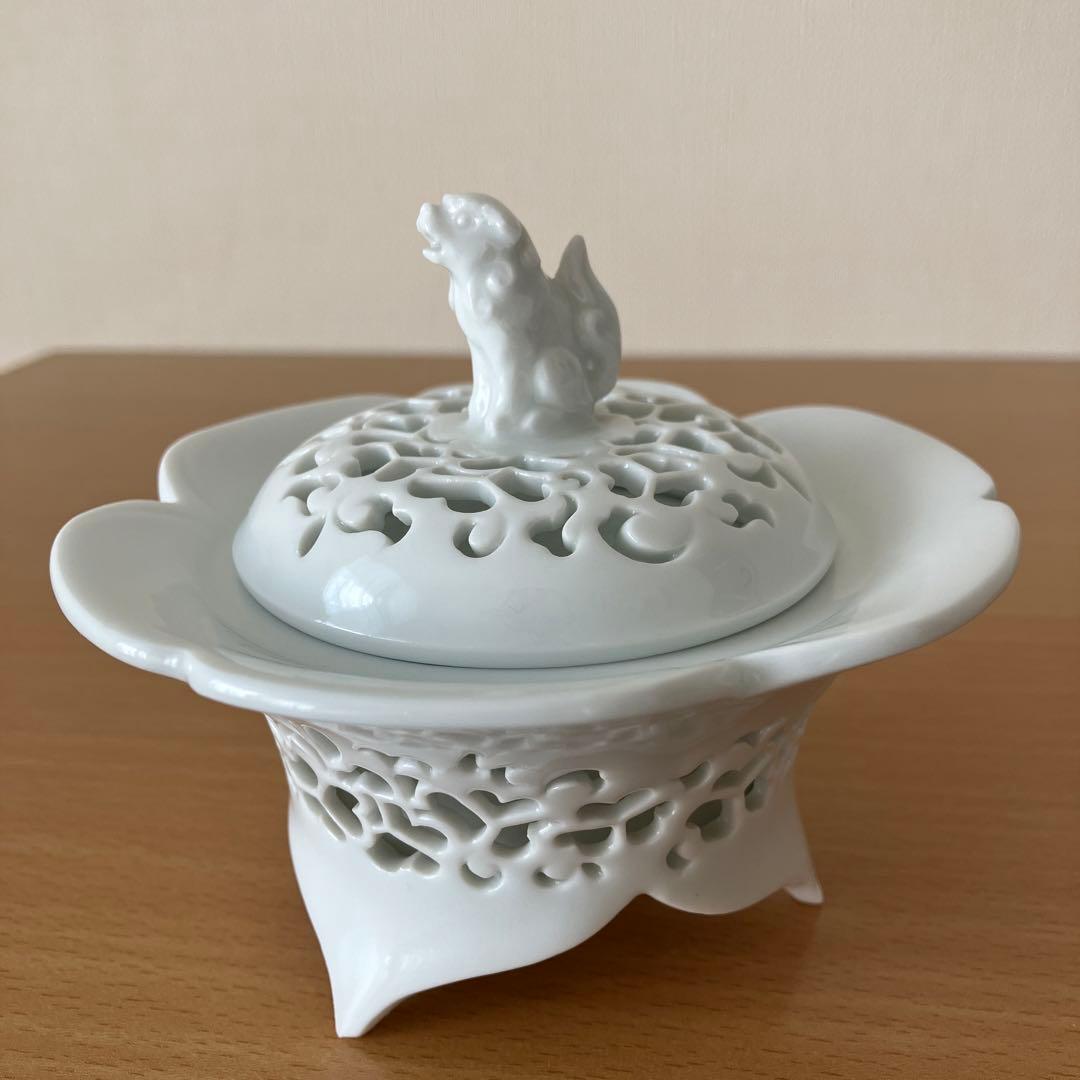 【未使用】 杉原一壷作 白磁 香炉 唐草透 三つ足 香道具