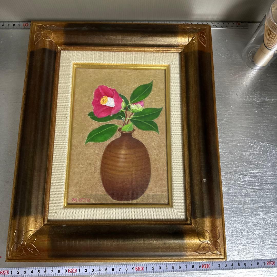 人間国宝、井上萬二、真作。椿。油彩額装、SM.号。