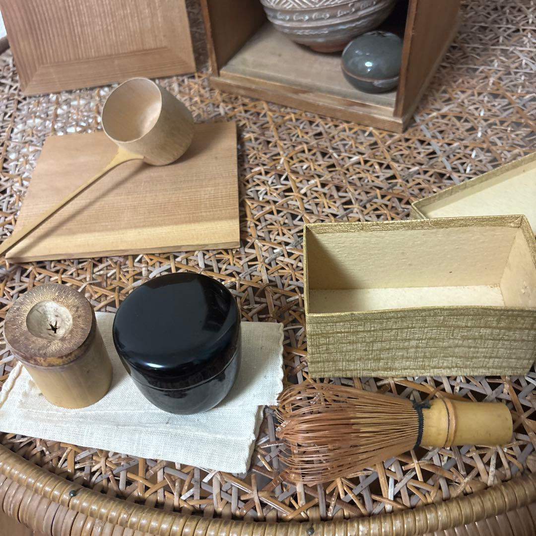 茶道具 セット 木箱入り 抹茶碗 水指 棗 柄杓 旅茶道具 アンティーク