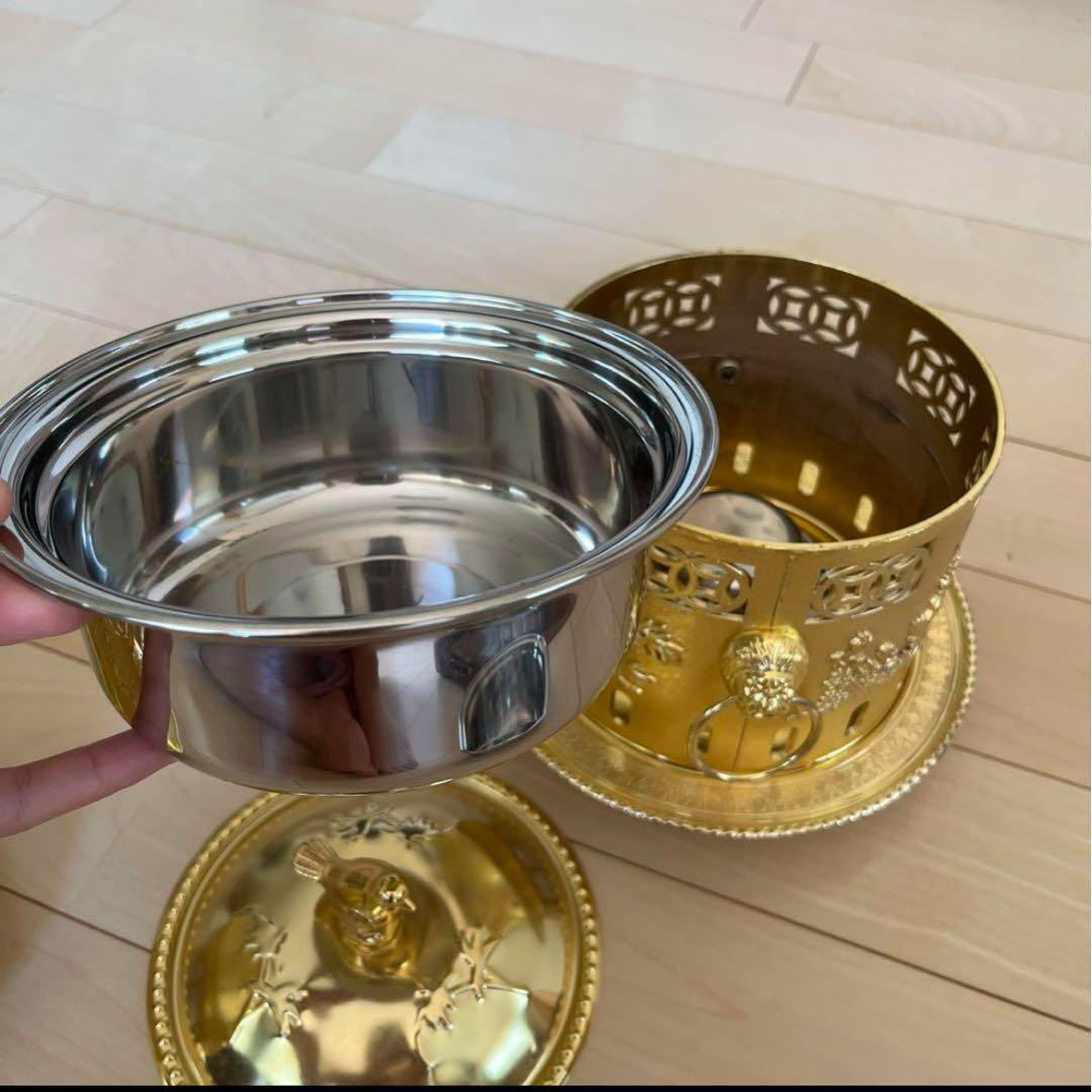 【売り切りたい為！】 金色 アルコールストーブ 鳥の取っ手付き、一人鍋２つ