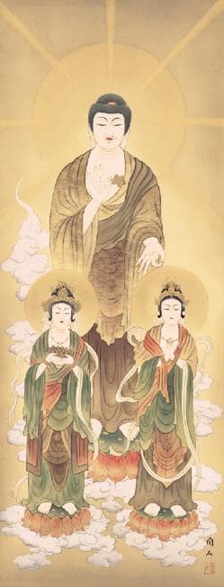 掛軸 無銘『阿弥陀三尊』佛画 仏画 豪華金襴表装 絹本 美品 箱付 掛け軸