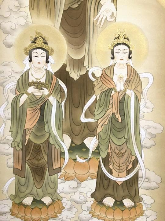 掛軸 無銘『阿弥陀三尊』佛画 仏画 豪華金襴表装 絹本 美品 箱付 掛け軸