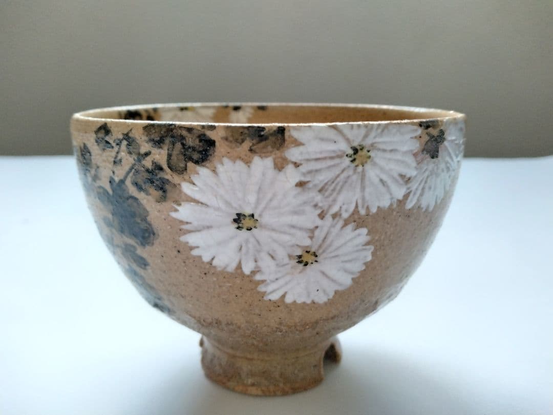 藤谷芳哉　白菊画 茶碗　水無月窯　抹茶碗　茶道具　共箱 共布 栞付 花紋様