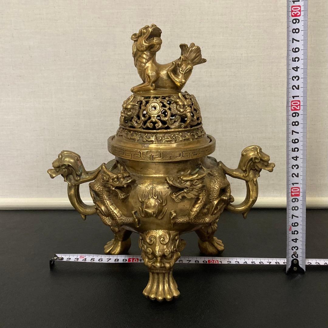 大明宣徳年鋳 香炉 銅製⁇ 真鍮⁇ 獅子 龍 工芸品 美術 大型 置物 レトロ