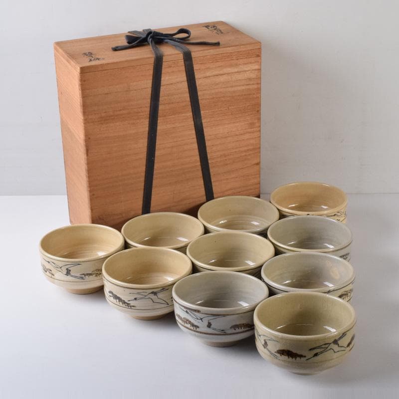 茶道具　阿漕焼　鶴松図　数茶碗　十客　共箱　V　7790A