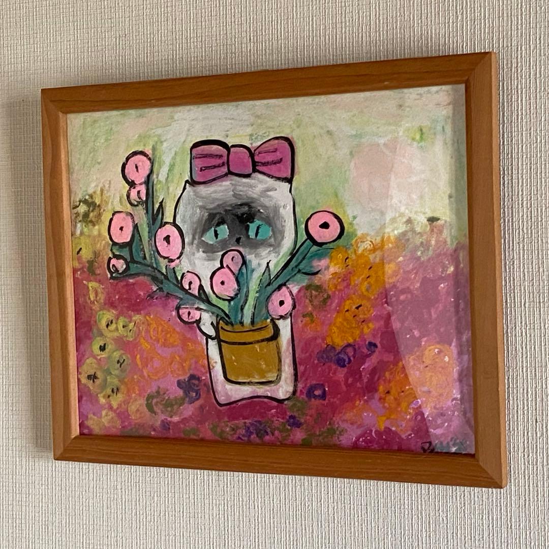 絵画 。原画☆【美しい花畑にきれいな花を植えたかわいいシャム猫】