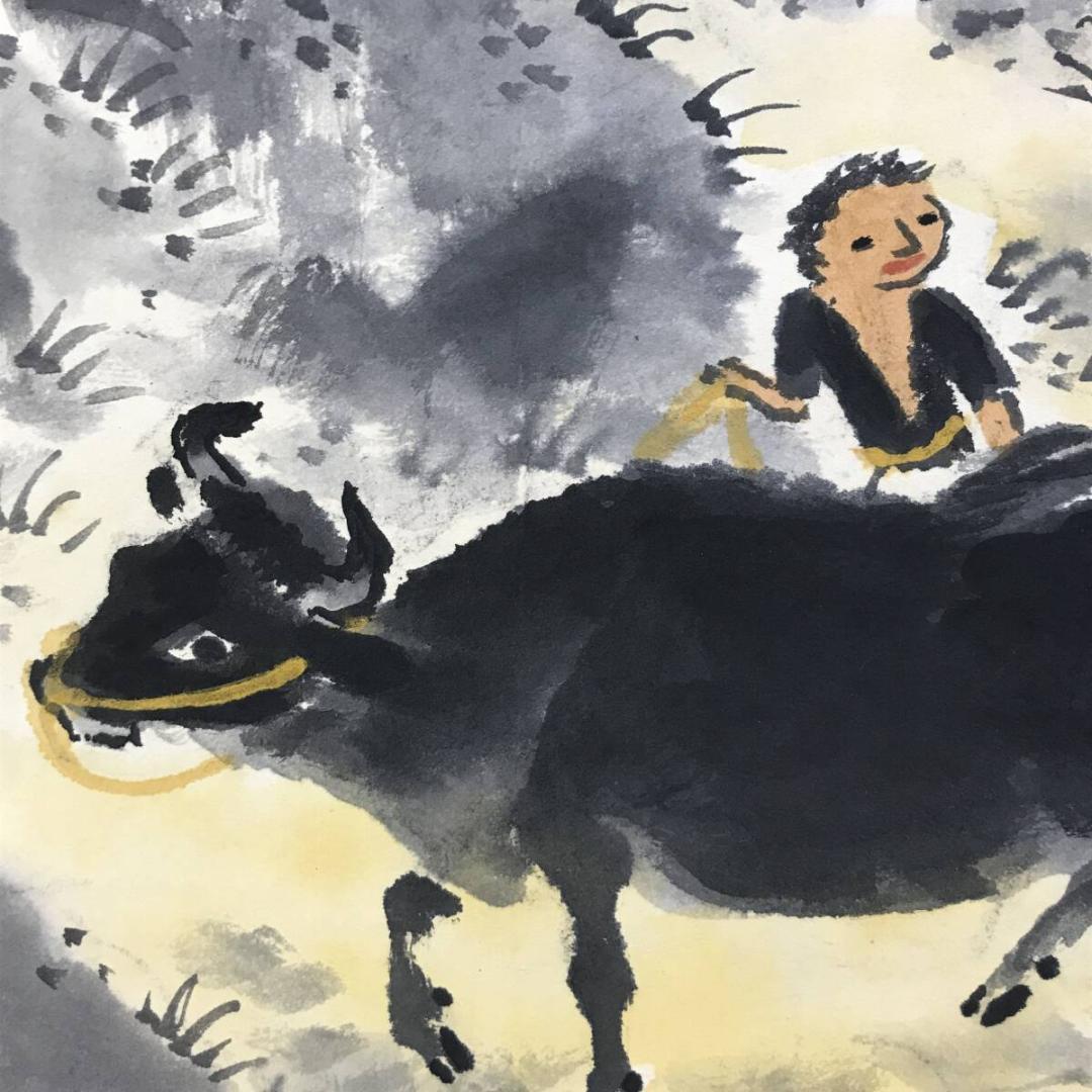 真作/四田観水/牧童之図/牛図/横物/掛軸/名家伝来AH-546