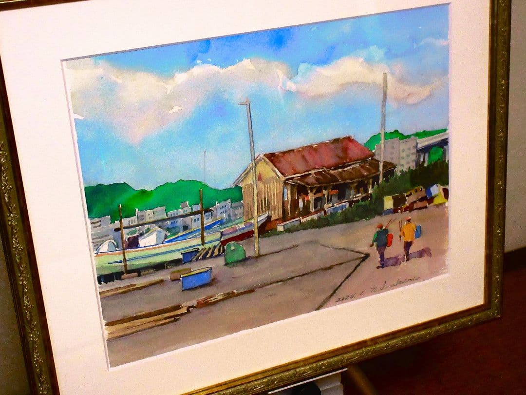 水彩画 港の風景 2022年作 額装済み F6サイズ