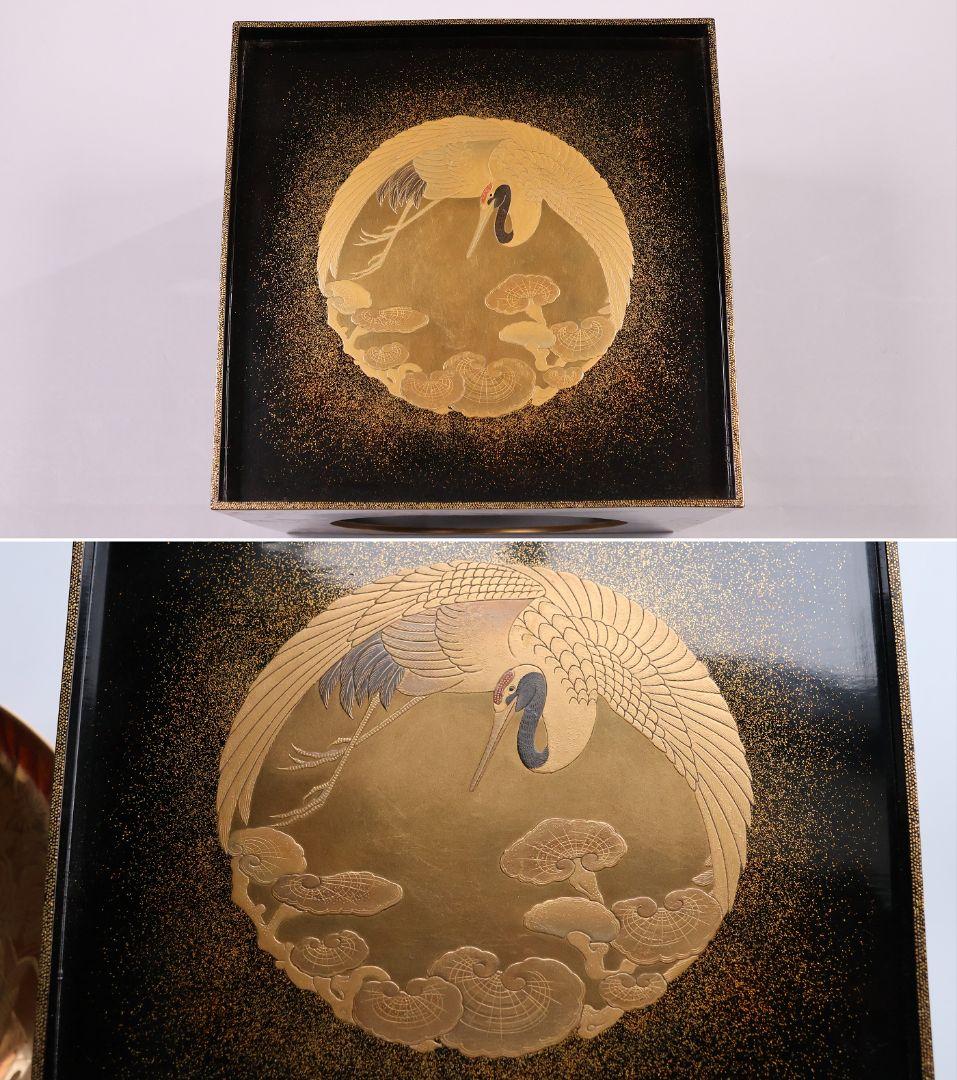 【MB183】加賀蒔絵 花鳥本金蒔絵 大盃 盃台 天然木漆塗 鶏 松竹梅 鶴霊芝