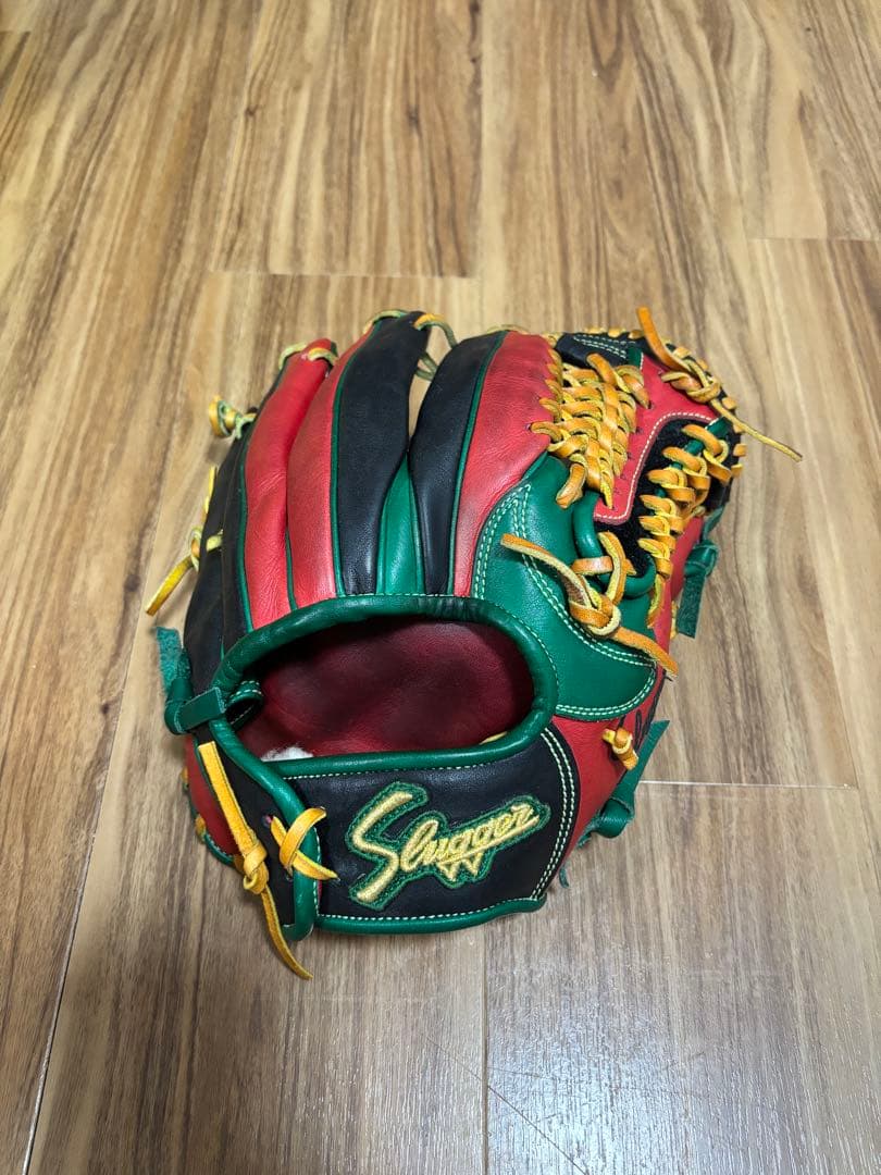 美品 久保田スラッガー 軟式オーダーグラブ 緑/赤/黒