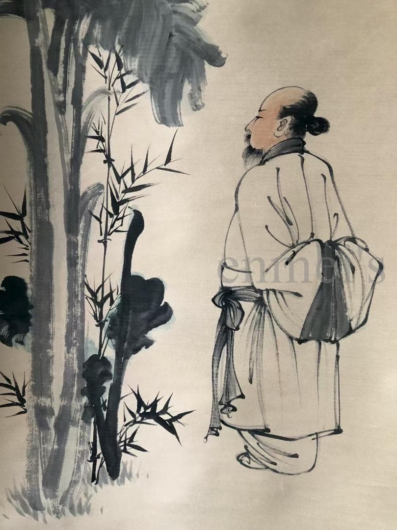 中国古美術・四尺人物と植物掛軸・水墨画・張大千印款・書道品・賞物・肉筆・文房置物