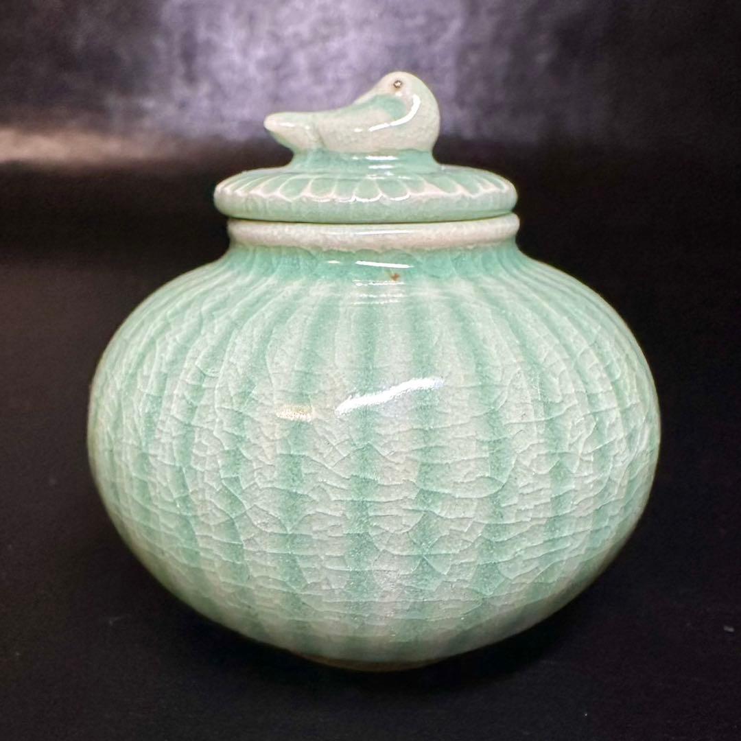 ★茶道具！高麗青磁 茶入(替蓋付)！韓国人間国宝『申 相浩』造！共箱/仕覆付！★